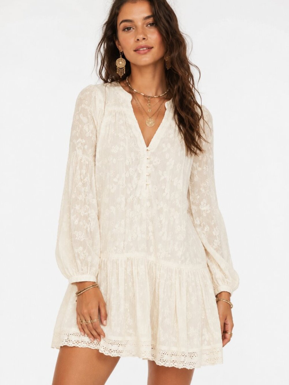 Free People With Love From India Cream Embroidered Boho Tunic Dress M